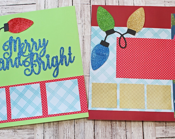 Merry and Bright Scrapbook Pages, Whimsical Christmas, Premade Scrapbook Page Kit, Fancy Layered Die Cuts, Elegant Glitter Christmas Lights