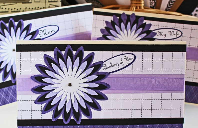 Custom Message, Chrysanthemum Card, Birthday Greeting, Mother's Day, Flower Mum Layers, Handmade Card, Floral Card for Her, Purple and Black image 4