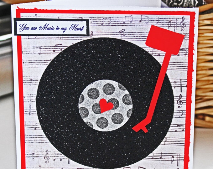 Music to My Heart Vinyl Record Valentine Card - Music, Note, Valentine, Valentine's Day, Vinyl, Record, Heart, Glitter, Record, Player, Card