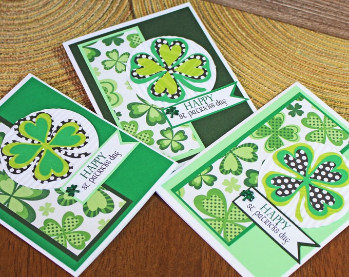 Set of 3, Saint Paddy's Day Cards, Irish, Handmade Cards, St. Patrick's Day, Saint, Paddy's, Patrick's, 4 Leaf, 3 Leaf, Clover, Green, Happy