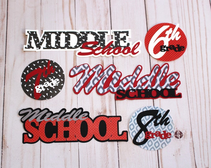 Any Color Combo, Middle School Diecuts, Scrapbook Die Cuts, School Years Set, Junior High School, Die Cut Embellishments, 6th 7th and 8th