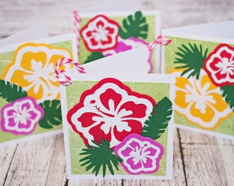 Set of 4, Hibiscus Gift Tags, Handmade Card, Floral Gift Tags, Tropical Flower Hang Tags, Hawaiian Theme, Favor Tags, Luau Party, Birthday