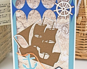 Customize Front Message, Handmade Nautical Card, Father's Day, Birthday, Pirate Ship, Vintage Maritime, Antique Sail Boat, Merchant Sailor