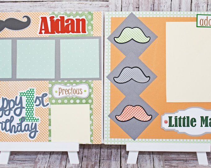 Any Birthday Year, Any Color, Handmade Scrapbook Page Set, Little Man Mustache, Custom Premade Kit, Personlized Memory Book, Child, Baby Boy