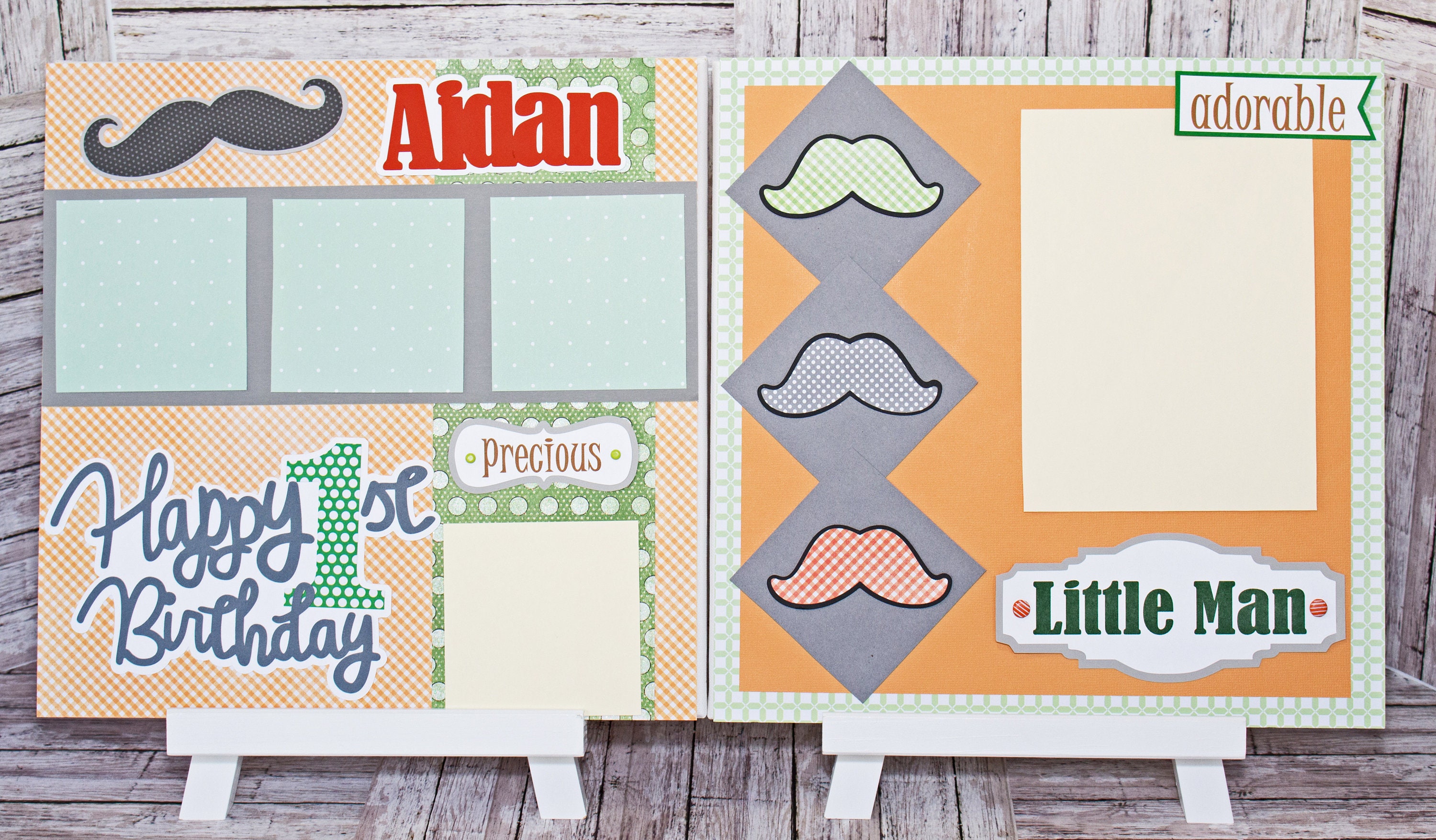 Any Color, Baby Boy Mustache, Handmade Scrapbook Page Set, Little Man  Stache, Custom Premade Kit, Personlized Memory Book, Baby Shower Gift