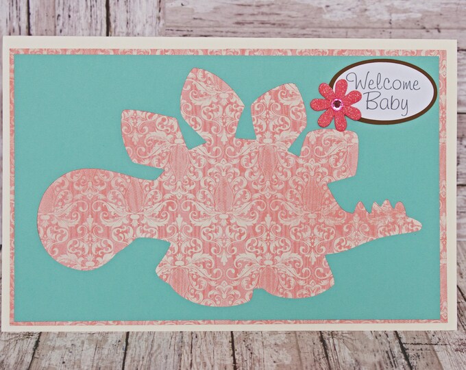 Baby Girl Dinosaur Card, Handmade Greeting, Baby Shower Gift, Newborn Baby, Feminine Dinosaur, Baby Card, Pink Floral Dinosaur, Welcome Baby