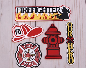 Firefighter Die Cuts, Fire Fighting Themed Cutouts, Fireman Embellishments, Firewoman Die cut, Scrapbook Decals, Fire Department Hydrant Hat