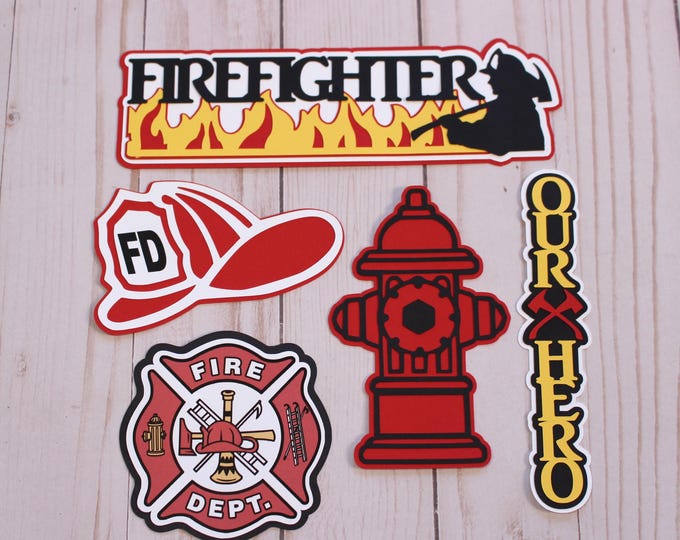 Firefighter Die Cuts, Fire Fighting Themed Cutouts, Fireman Embellishments, Firewoman Die cut, Scrapbook Decals, Fire Department Hydrant Hat