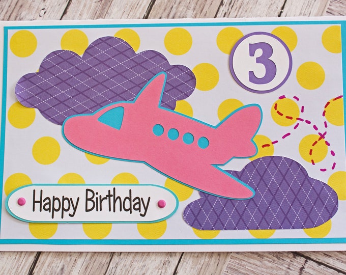 Any Birthday Number, Airplane Birthday Card, Custom Card, Little Girl, Toddler Kid Birthday, Handmade Greeting, Child Aviation Theme Party