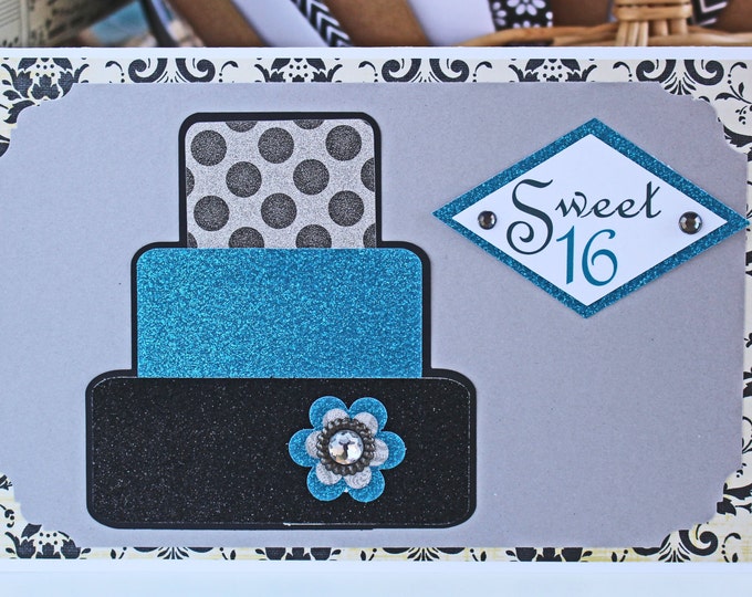 Sweet 16 Birthday Cake Card - Tier, Cake, Birthday, Handmade, Card, Sweet, 16, Sixteen, Teal, Custom, Teen, Turquoise, Quinceanera, Bling