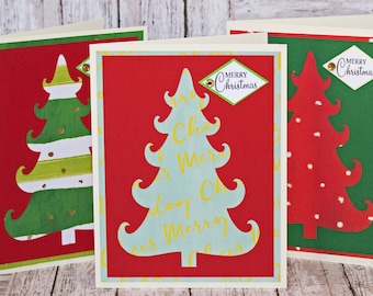 Set of 3, Christmas Tree Cards, Christmas Tree Cutouts, Handmade Greeting Cards, Christmas Greetings, Christmas Card Set, Pattern Tree Card