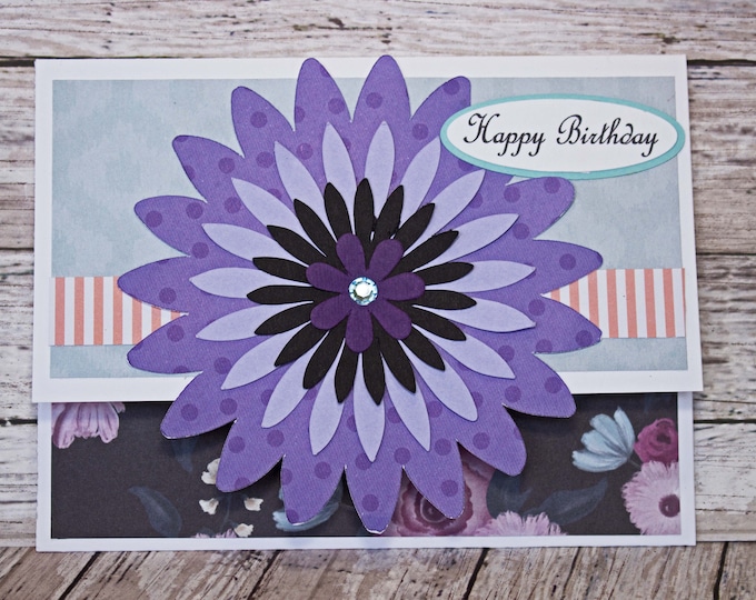 Elegant Mum Gift Card Holder, Floral Money Card, Flower Birthday Gift, Handmade Money Card, Purple Blue Coral Birthday, Garden Party Theme