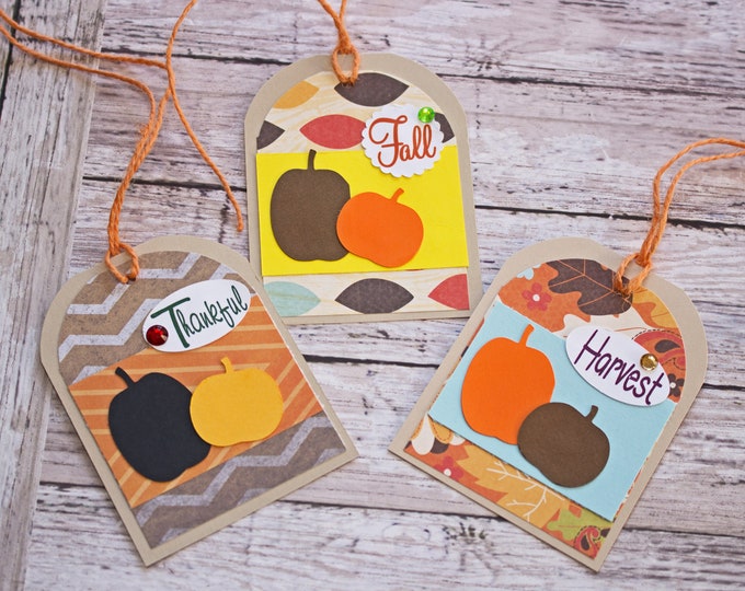 Fall Pumpkin Tags, Set of 3 Hang Tags, Thanksgiving Party Decor, Dinner Place Card, Name Tag, Pumpkin Favor Tag, Harvest Party Treat Tag Set