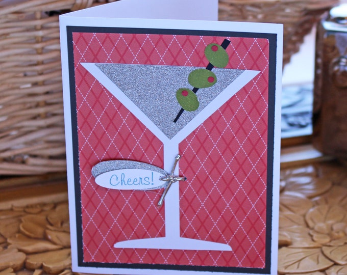 Martini, Glass, Celebration, Birthday, Card, Handmade, Olives, Cocktail, 21st, 40th, Any Year, Promotion, Graduation, Retirement, Holiday,