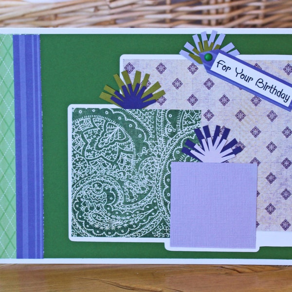 Carte de couches cadeaux, cadeau d’anniversaire, de voeux, fait à la main, recyclé papier Scrap, Design violet vert coloré, motif moderne dynamique, pour elle