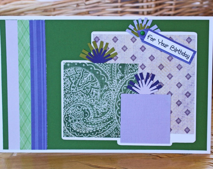 Layered Presents Card, Birthday Gift Greeting, Handmade, Recycled Paper Scrap, Colorful Green Purple Design, Vibrant Modern Pattern, For Her