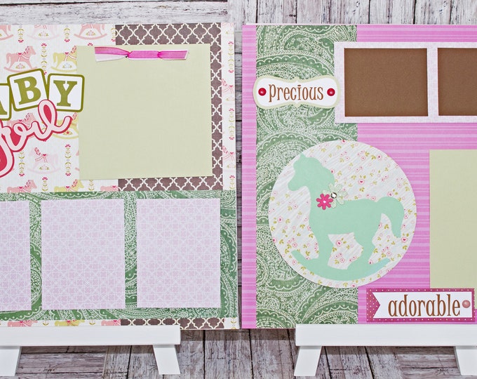 Handmade Scrapbook Page Set, Baby Girl, Custom Premade Kit, Personlized Memory Book, Rocking Horse, Colorful Baby Girl Theme, Baby Shower