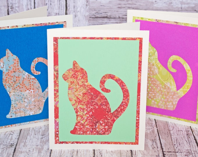 Set of 3, Cat Silhouette Note Cards, Handmade Cards, Birthday, Thank You, All Occasion, Just Because, Feline Card Set, Blank Stationary Set