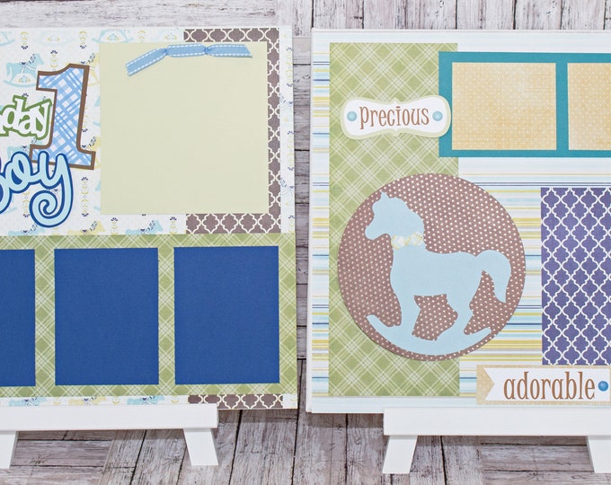 Handmade Scrapbook Page Set, Any Birthday, Little Boy, Custom Premade Kit, Personlized Memory Book, Rocking Horse, Antique Birthday Theme