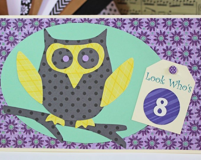 Personalized and Colorful Hand Crafted Owl Birthday Card - Add any number to this colorful birthday card for boys or girls!