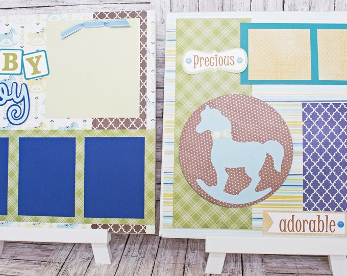 Handmade Scrapbook Page Set, Baby Boy, Custom Premade Kit, Personlized Memory Book, Rocking Horse, Colorful Baby Boy Theme, New Baby Shower