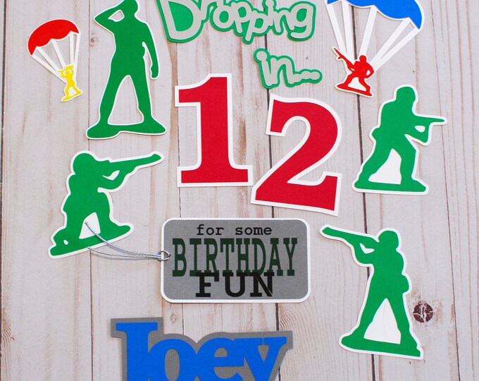 Any Birthday Year, Set of 10, Layered Die Cut, Scrapbook Embellishment, Handmade Diecut, Little Green Army Men, Military Theme, Personalized