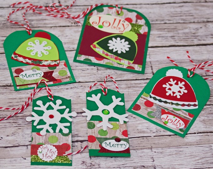 Set of 5, Snow Hat Gift Tag Set, Handmade Gift Tag, Holiday Hang Tag, Snowflake Tag, Winter Hat Gift Card, Ski Snowboard, Gift Embellishment