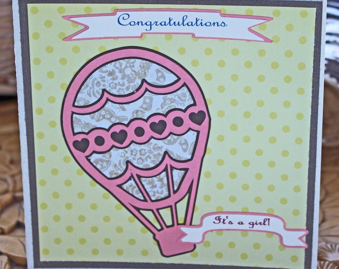 It's a Girl!, Hot Air Balloon Baby Card, Vintage Balloon Card, Hot Air Balloon, Handmade Card, Baby Girl Card, Baby Shower, Baby Girl Shower