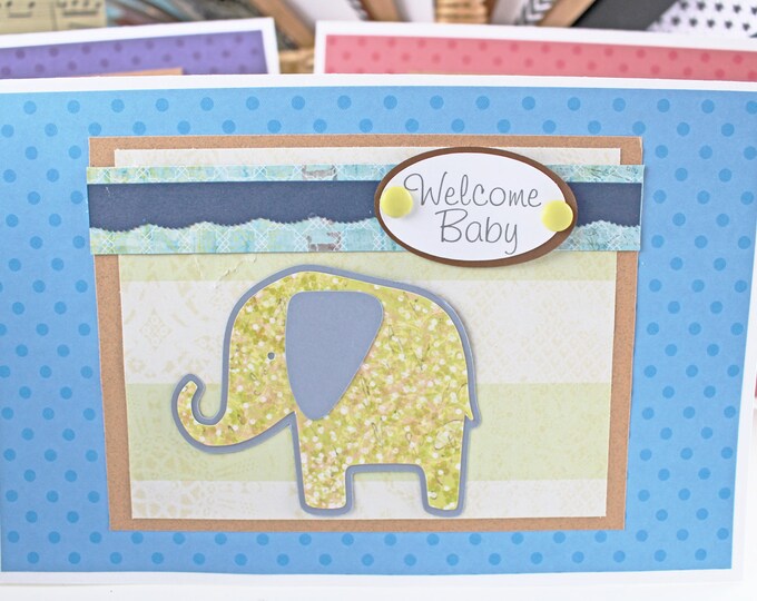 Welcome Baby Boy, Baby Elephant, Handmade Card, Elephant Baby Shower, New Baby Boy, Baby Boy Elephant, Baby Boy Animal Card, Baby Boy Safari