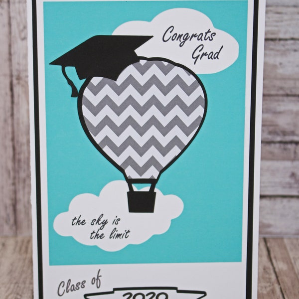 Customize for Any Year, The Sky is The Limit Graduation Card, Handmade Grad Congratulations, Hot Air Balloon, Graduation Cap, Congrats Grad