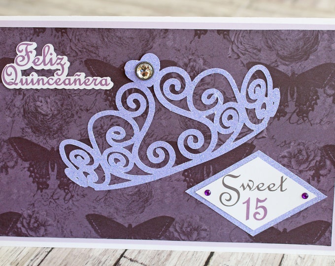 Custom Colors, Sweet 16, Quinceanera, Handmade Birthday Card, Princess Tiara, 15th Birthday, 16 Years Old, Quince Anos, Coming of Age Party