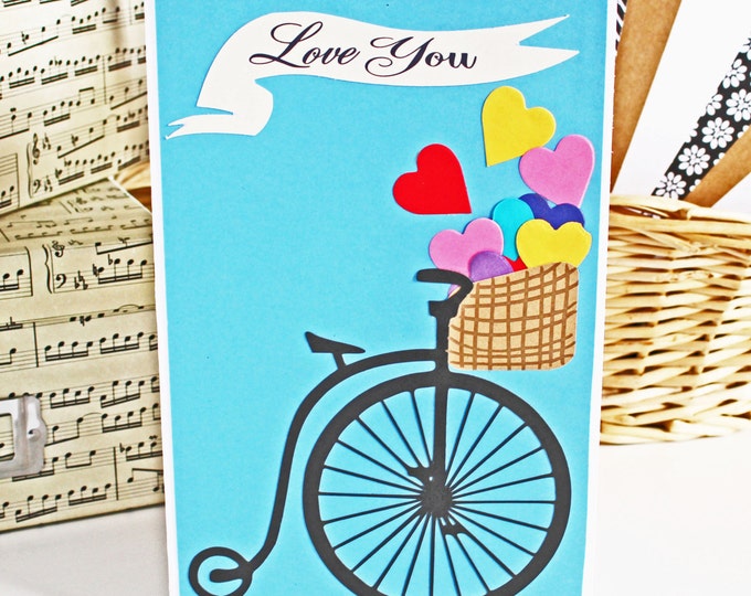 Antique, Bicycle, Basket, Heart, Valentines, Day, Anniversary, Card, Valentine, Handmade, Vintage, Bike, Colorful, I, Love, You, Bicyclist