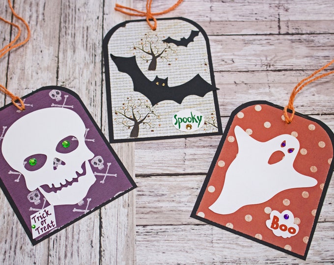 Large Halloween Tag Set, Set of 3 Hang Tags, Bat Halloween Party Decor, Treat Bag Name Tag, Ghost Handmade Gift Tag, Skull Party Favor Tag