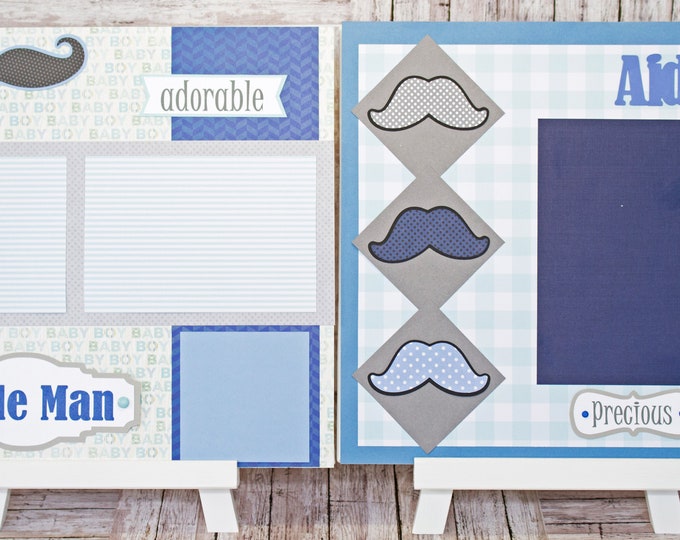 Any Color, Baby Boy Mustache, Handmade Scrapbook Page Set, Little Man Stache, Custom Premade Kit, Personlized Memory Book, Baby Shower Gift
