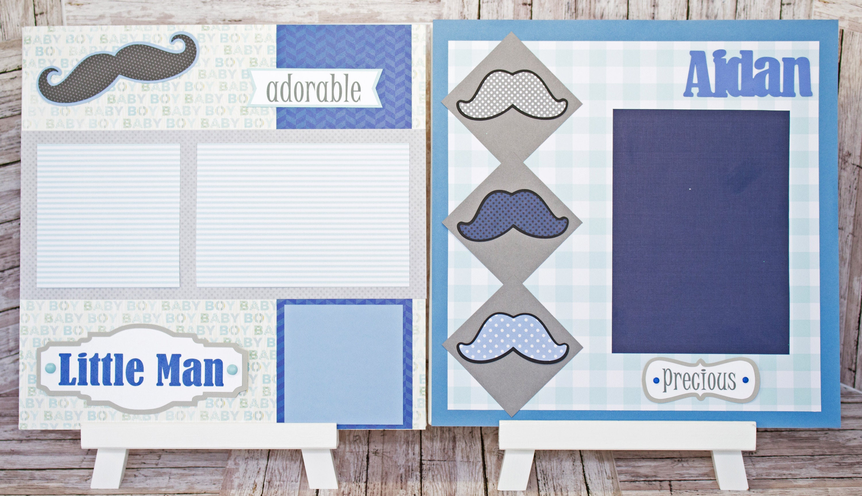 Any Color, Baby Boy Mustache, Handmade Scrapbook Page Set, Little Man  Stache, Custom Premade Kit, Personlized Memory Book, Baby Shower Gift