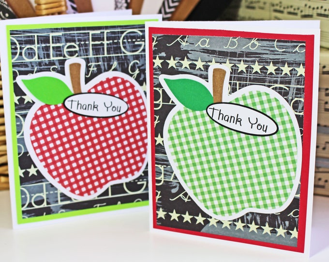 Set of 2, Teacher Thank You Cards, Apple Thank You Cards, Teacher Card, Handmade Card, Teacher Thank You, Teacher Apple Card, Note Card Set