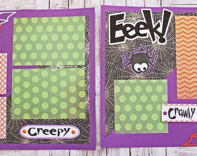 Halloween Spider, Scrapbook Pages, Premade Scrap Book Page Kit, Creepy Crawly, Cute Halloween Spiders, Purple Green Orange Color, Spider Web