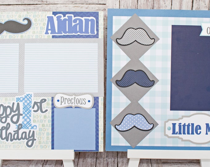 Any Birthday Year, Any Color, Handmade Scrapbook Page Set, Little Man Mustache, Custom Premade Kit, Personlized Memory Book, Child, Baby Boy