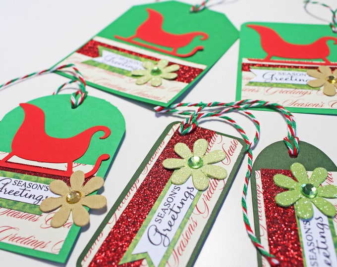 5 Sleigh Gift Tags, Set of 5, Assorted Christmas Tags, Handmade Gift Tags, Christmas Gift Tags, Holiday Gift Tags, Sleigh Gift Tag, Gift Tag