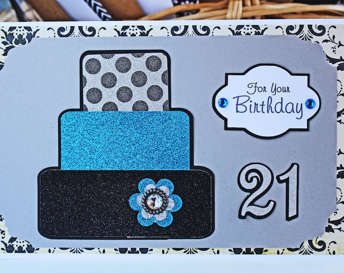 Custom 3 Tier Birthday Cake Card, Cake Layers Card, Personalized, Handmade Gift, Pink Black Teal, Glitter Bling Detail, Polka Dots, Any Age