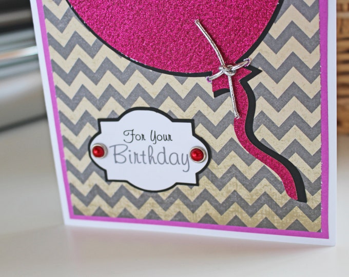 Balloon Birthday Card for Her, Personalized Birthday Card, Glitter Pink Balloon Card, Chevron, Ladies Birthday Card, Female Birthday Card