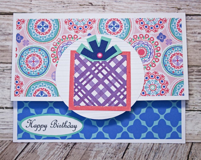 Birthday Gift Card Holder, Boho Chic Design, Feminine Money Card, Present Themed Card, Hand Made, Pink Purple Blue, Colorful Pattern Mixing