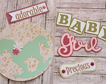 Baby Girl Die Cut Set, Set of 5 Layered Die Cuts, Scrapbook Embellishment, Rocking Horse, Baby Book, Handmade, Newborn Girl, Antique Theme