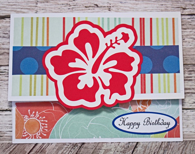 Vibrant Red Hibiscus Gift Card Holder, Tropical Floral Money Card, Hawaiian Flower Card, Handmade Money Card, Colorful Birthday, Luau Party