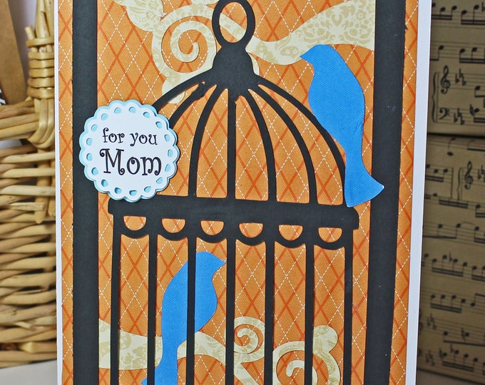 Custom Message on Front, Handmade Birdcage Card, Mother's Day, Birthday Greeting, Fancy Bird Cage, Whimsical Card Design, Sitting on Branch