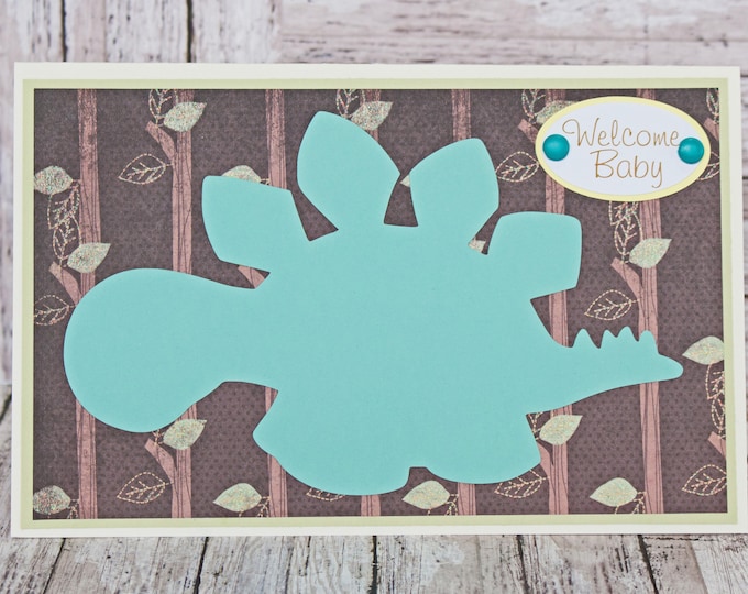 Baby Boy Dinosaur Card, Handmade Greeting, Baby Boy Shower Gift, Newborn Baby, Male Dinosaur, Forest Trees Jungle Nature, Welcome Baby Card