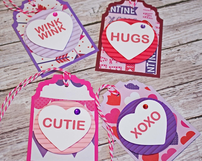 Valentine Heart Candy, Set of 4 Hang Tags, Valentine's Day Party Decor, Treat Bag Tag, Valentine Gift Tag, Favor Tag, Gift Bag Embellishment