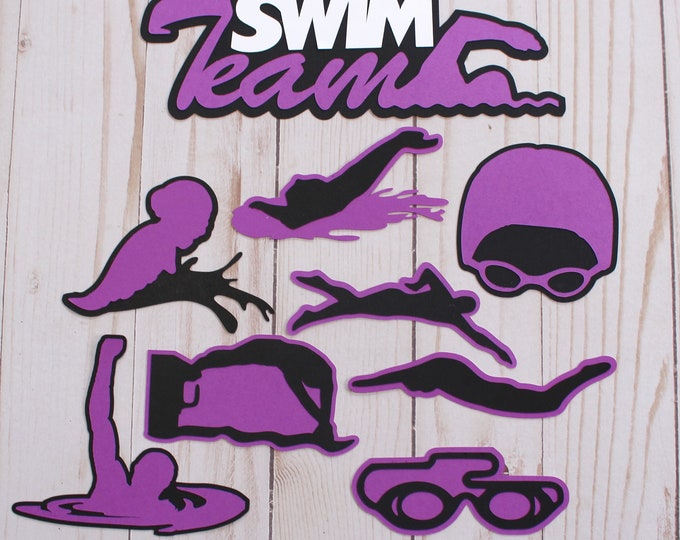 Custom Team Colors, Swim Team Diecut Set, 9 Pieces, Scrapbook Embellishments, High School Swimming, Club Water Sports, Handmade Die Cuts