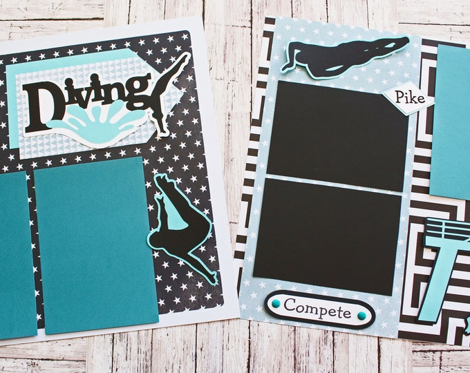 Pick Your Colors, Custom Made, Competitive Diving Scrapbook Page Set, Premade Diving Pages, Personalized, Team Mascot, High School Sports