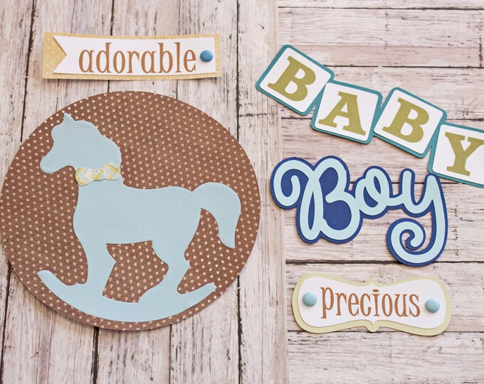 Baby Boy Die Cut Set, Set of 5 Layered Die Cuts, Scrapbook Embellishment, Rocking Horse, Baby Book, Handmade, Newborn Boy, Antique Toy Theme